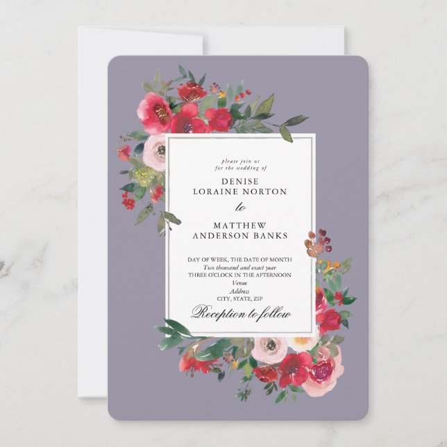 Wilde Rose und Lavendel Grau Einladung (Vorderseite)