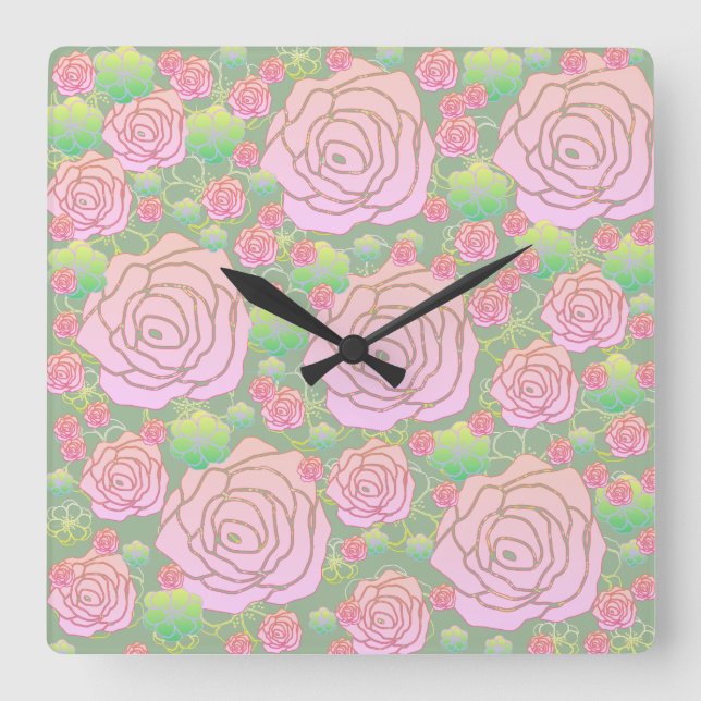 Wilde Rosen Quadratische Wanduhr (Vorderseite)