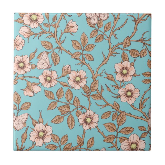 Wilde Rosen und Schmetterlinge /pink/brown/pool Fliese (Vorderseite)