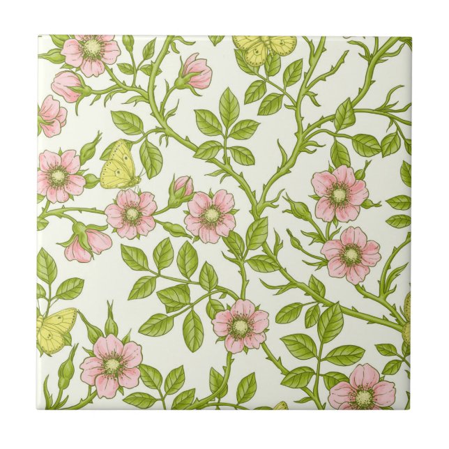 Wilde Rosen und Schmetterlinge /rosa/hellgrün/gelb Fliese (Vorderseite)