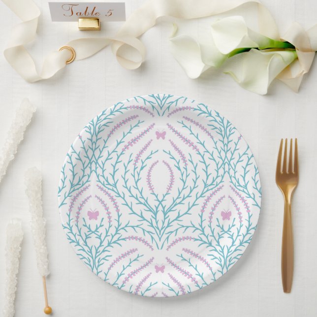 Wilde Rosen und Schmetterlinge /rosa/hellgrün/gelb Pappteller (Hochzeit)