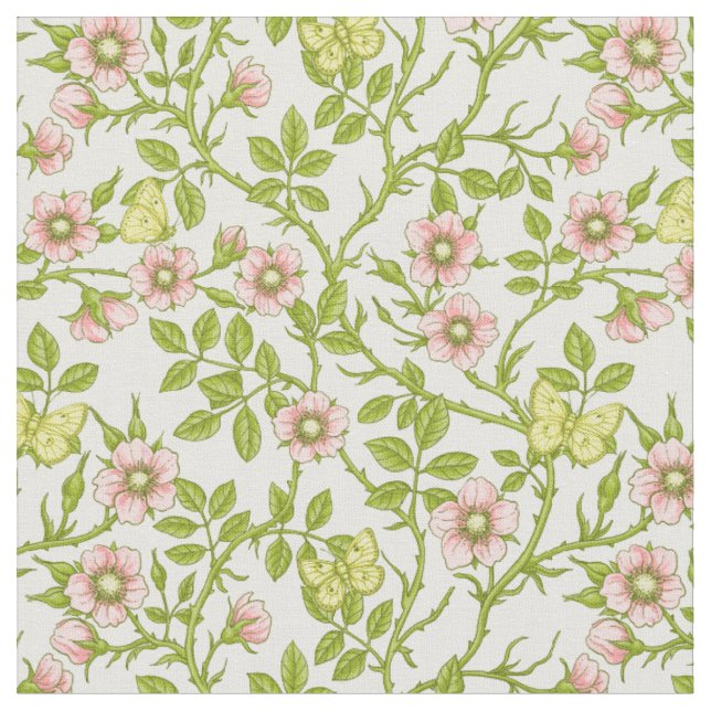 Wilde Rosen und Schmetterlinge /rosa/hellgrün/gelb Stoff (Nahaufnahme)