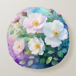 Wilde Rosen Weiß Rosa Blau Türkis Lila Aquarelle Rundes Kissen