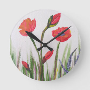 Wilde Rote Mohnuhr Runde Wanduhr