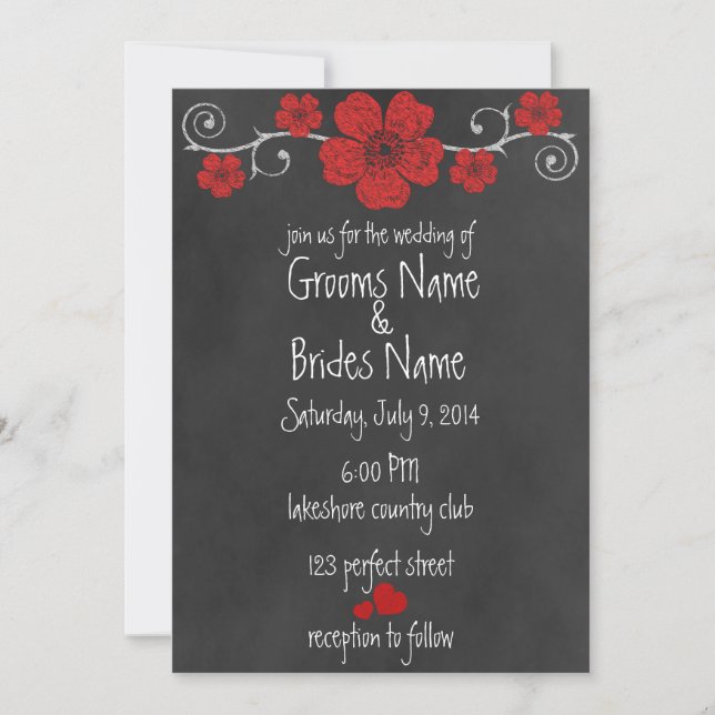 Wilde Rote Rosen Chalkboard Hochzeit Einladung (Vorderseite)