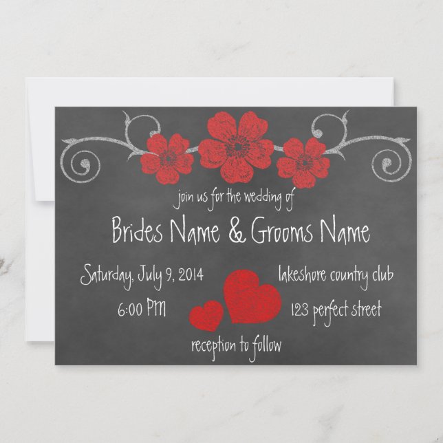 Wilde Rote Rosen Chalkboard Hochzeit Einladung (Vorderseite)