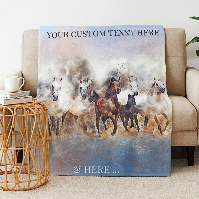 Wilde Running Pferde Feine Kunst Fleece Blanket (Fleece blanket featuring a watercolor painting of wild running horses)