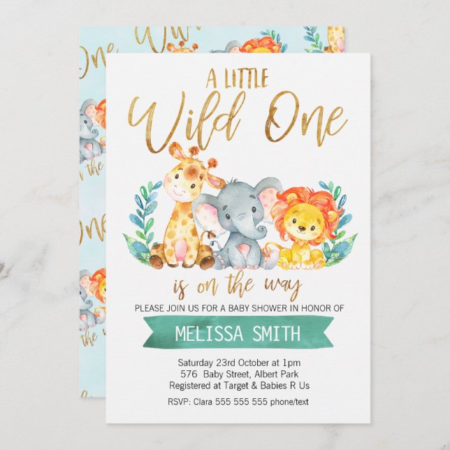 Wilde Safari-Aquarell-Babyparty-Einladung Einladung (Vorne/Hinten)