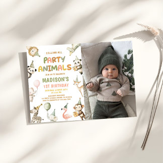 Wilde Safari-Partytiere 1. Geburtstagsfoto Einladung