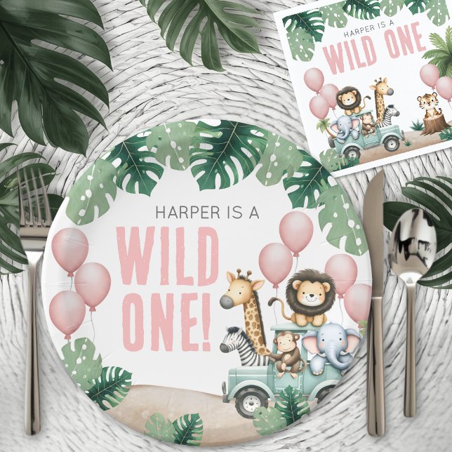 Wilde Safari Pink zum 1. Geburtstag Pappteller (Wild One Pink Safari 1st Birthday Paper Plates)