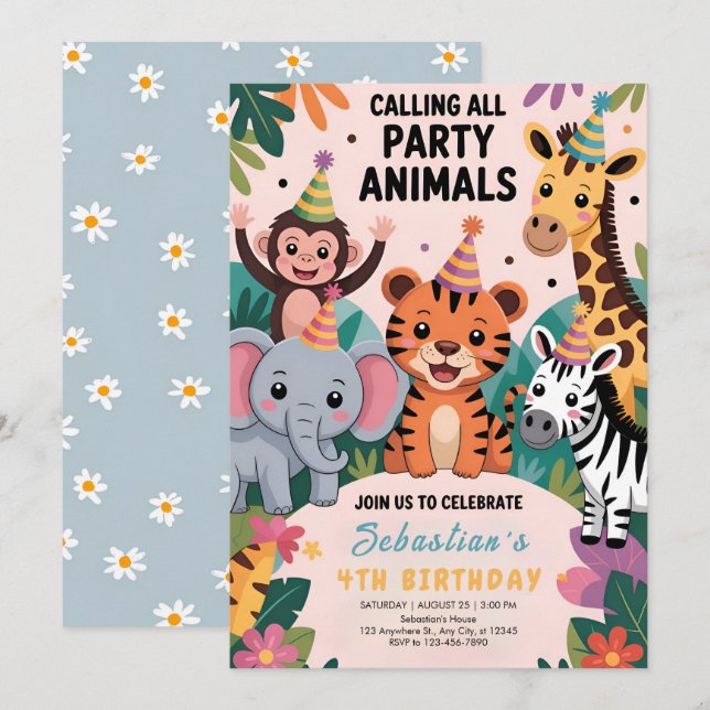 Wilde Safari-Tiere Geburtstag Einladung (Vorne/Hinten)