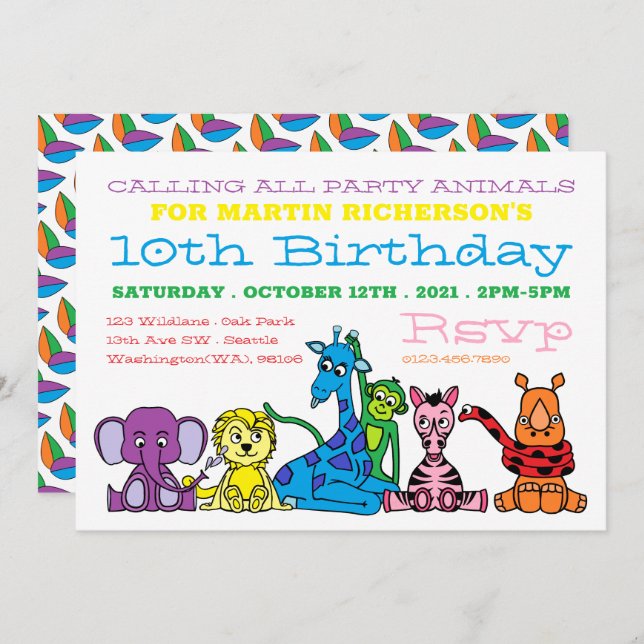 Wilde Safari-Tiere, Kinderpartys Einladung (Vorne/Hinten)