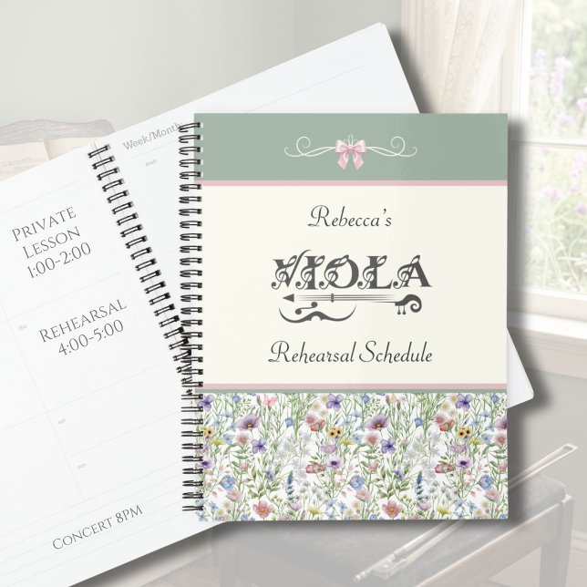 Wilde-Salbei-Grüne-Blumen-Viola-Musikplaner Planer (Botanical Viola Rehearsal Planner | Sage Green & Pink Wildflower | Personalized Orchestra Gift)