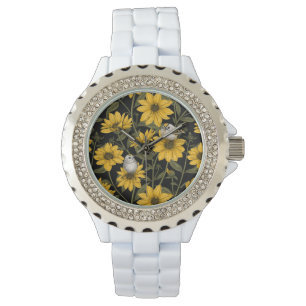 Wilde Sonnenblumen und goldfarbene Vögel/gelb Armbanduhr