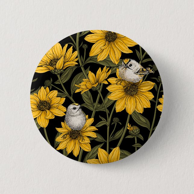 Wilde Sonnenblumen und goldfarbene Vögel/gelb Button (Vorderseite)