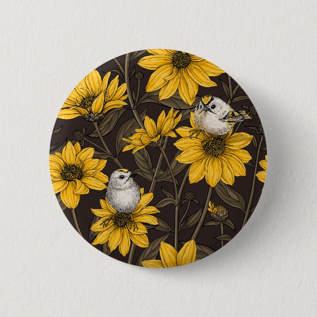 Wilde Sonnenblumen und goldfarbene Vögel/gelb Button (Vorderseite)