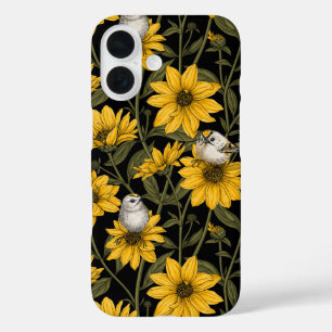 Wilde Sonnenblumen und goldfarbene Vögel/gelb iPhone 16 Hülle