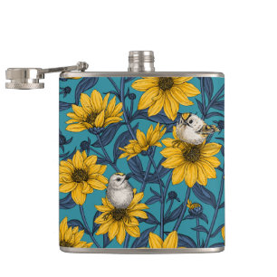 Wilde Sonnenblumen und goldfarbene Vögel/gelb Flachmann