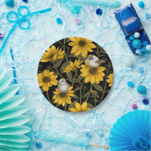 Wilde Sonnenblumen und goldfarbene Vögel/gelb Pappteller