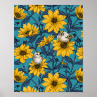 Wilde Sonnenblumen und goldfarbene Vögel/gelb