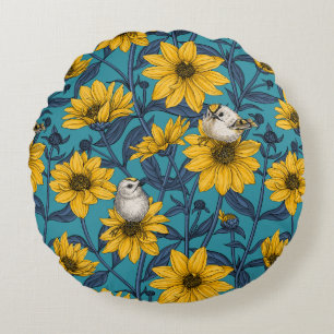 Wilde Sonnenblumen und goldfarbene Vögel/gelb Rundes Kissen