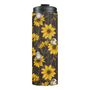 Wilde Sonnenblumen und goldfarbene Vögel/gelb Thermosbecher