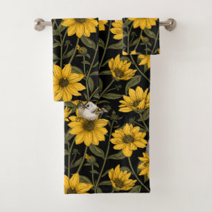 Wilde Sonnenblumen und goldfarbene Vögel/gelb und Badhandtuch Set