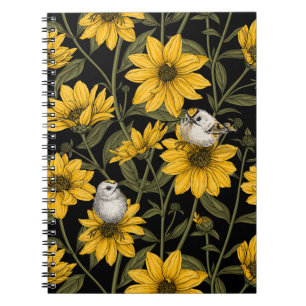 Wilde Sonnenblumen und goldfarbene Vögel/gelb und  Notizblock