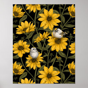 Wilde Sonnenblumen und goldfarbene Vögel/gelb und  Poster