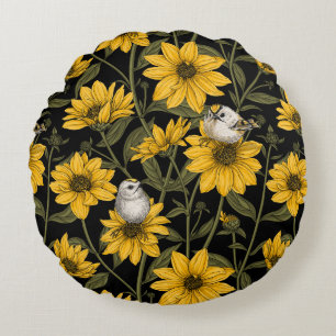 Wilde Sonnenblumen und goldfarbene Vögel/gelb und  Rundes Kissen