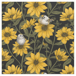 Wilde Sonnenblumen und goldfarbene Vögel/gelb und Stoff