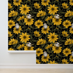 Wilde Sonnenblumen und goldfarbene Vögel/gelb und  Tapete