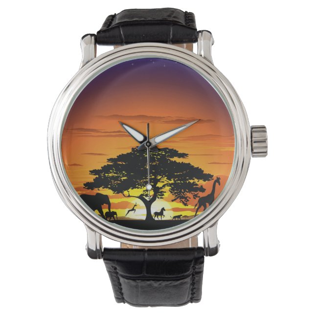 Wilde Tiere auf der afrikanischen Savanna Sunset Armbanduhr (Vorderseite)