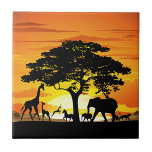 Wilde Tiere auf der afrikanischen Savanna Sunset Fliese