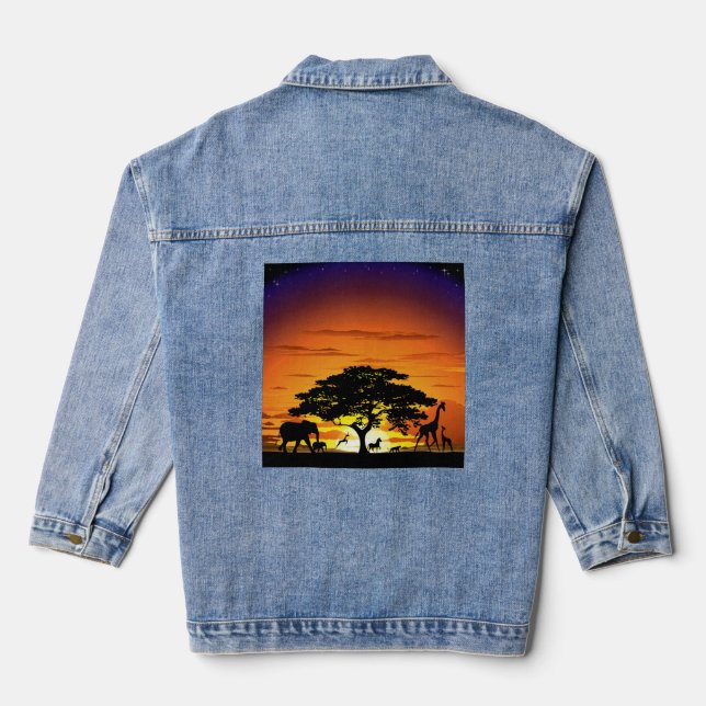 Wilde Tiere auf der afrikanischen Savanna Sunset Jeansjacke (Rückseite)