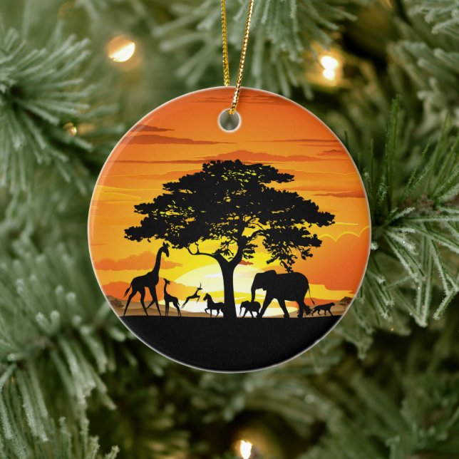 Wilde Tiere auf der afrikanischen Savanna Sunset Keramik Ornament (Baum)