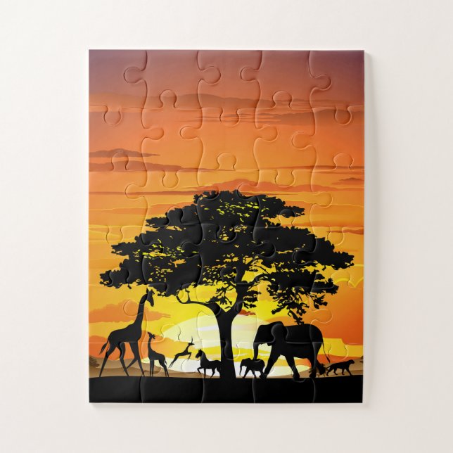 Wilde Tiere auf der afrikanischen Savanna Sunset Puzzle (Vertikal)