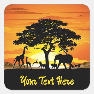 Wilde Tiere auf der afrikanischen Savanna Sunset Quadratischer Aufkleber