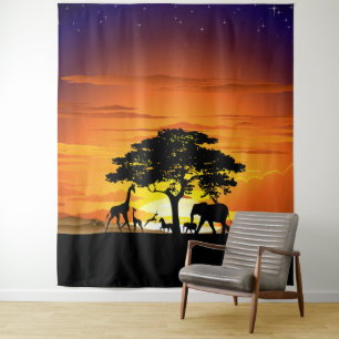 Wilde Tiere auf der afrikanischen Savanna Sunset Wandteppich