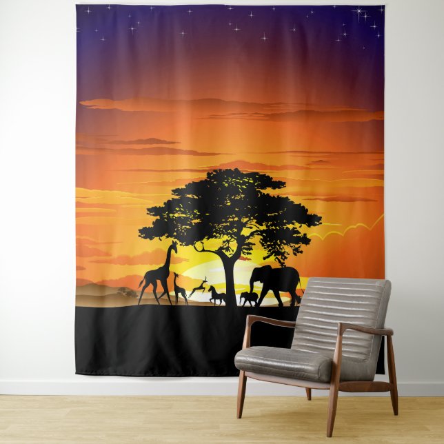 Wilde Tiere auf der afrikanischen Savanna Sunset Wandteppich (Beispiel)