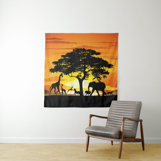 Wilde Tiere auf der afrikanischen Savanna Sunset Wandteppich (Beispiel)