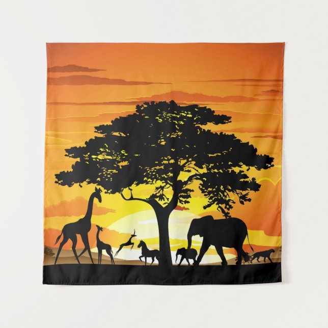 Wilde Tiere auf der afrikanischen Savanna Sunset Wandteppich (Vorderseite)