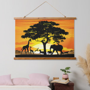 Wilde Tiere auf der afrikanischen Savanna Sunset Wandteppich Mit Holzrahmen