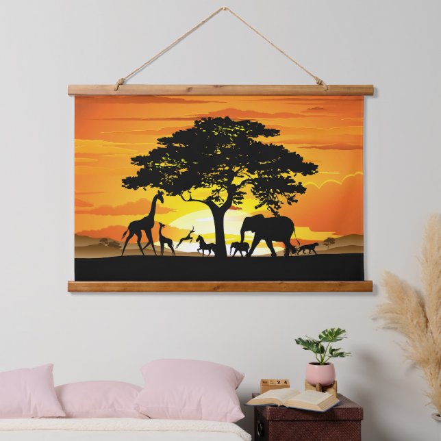 Wilde Tiere auf der afrikanischen Savanna Sunset Wandteppich Mit Holzrahmen (Schlafzimmer)