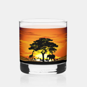 Wilde Tiere auf der afrikanischen Savanna Sunset Whiskyglas