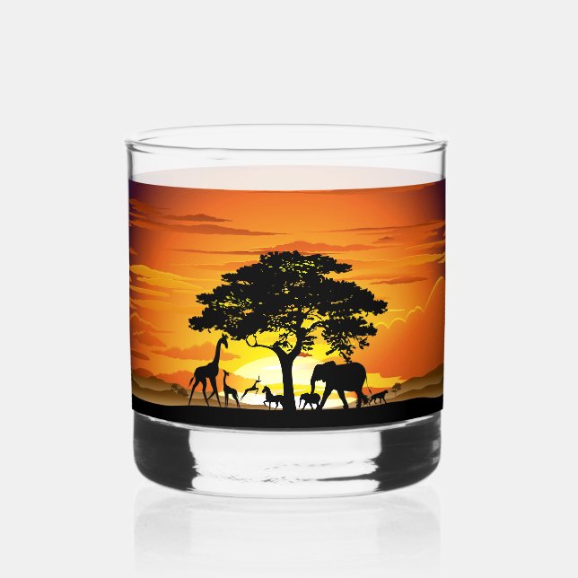 Wilde Tiere auf der afrikanischen Savanna Sunset Whiskyglas (Vorderseite)