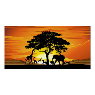 Wilde Tiere auf der afrikanischen Savanne bei Sonn Poster