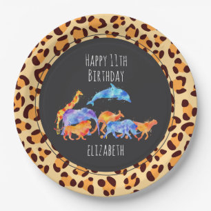 Wilde Tiere auf exotischem Leopard Print Birthday Pappteller