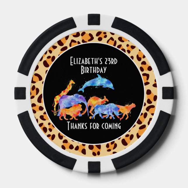 Wilde Tiere auf Leopard Print Birthday Pokerchips (Vorderseite)