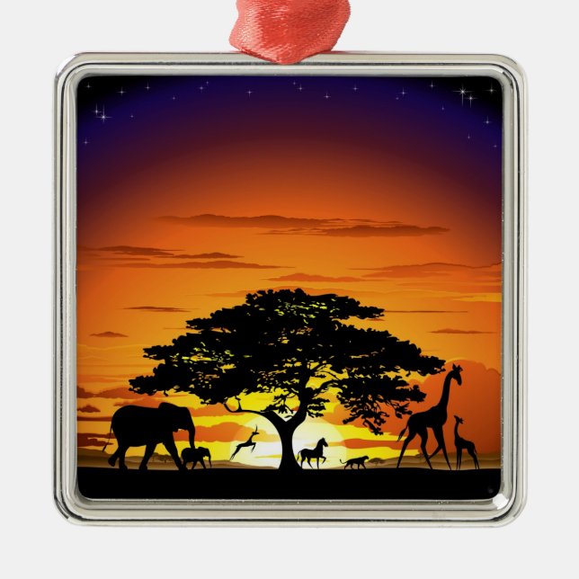 Wilde Tiere auf Savannah Sunset Ornament Aus Metall (Vorne)
